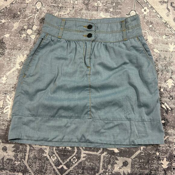 Lux Dresses & Skirts - LUX Chambray Denim Mini Skirt Size 2 High Rise Double Button + Belt Loop